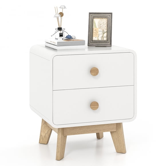 Costway 1 PCS Nightstand Mid Century Modern Bedside Table with 2 Drawers Solid Rubber Wood Legs White