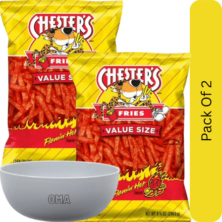 Chester’s Fries Corn Snacks – Flamin’ Hot Flavored – 8.625 oz Bag-2pk, With White Bowl By OMA