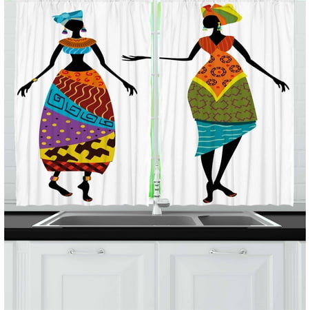 African Woman Curtains 2 Panels Set, Tribal Ladies in Traditional Costume Silhouettes Ethnicity Vintage Display, Window Drapes for Living Room Bedroom, 55W X 39L Inches, Multicolor, by