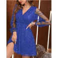 thumbnail image 3 of Vestido de manga larga con empalme de malla elegante para mujer, vestido de fiesta a la moda con purpurina, cuello en V profundo, vestido Midi de cintura alta para mujer, 3 of 4