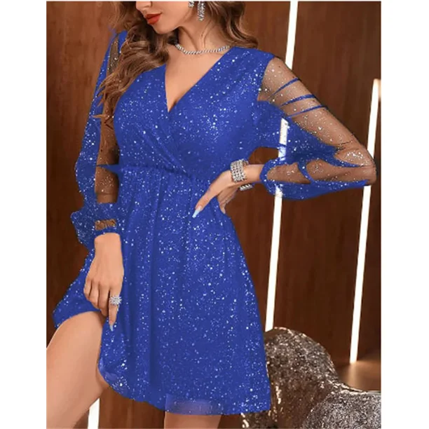 Vestido de manga larga con empalme de malla elegante para mujer, vestido de fiesta a la moda con purpurina, cuello en V profundo, vestido Midi de cintura alta para mujer