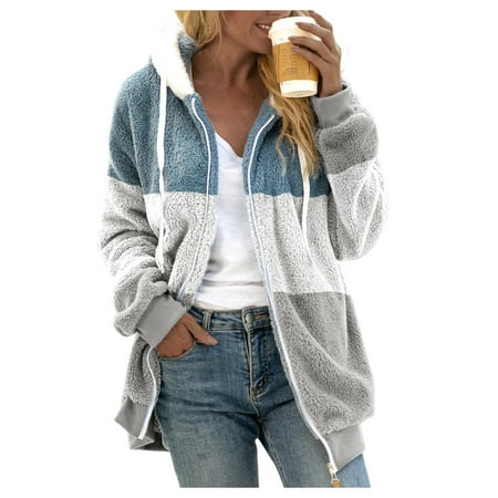 

Pianpianzi Womens Large Fleece Jacket Scrub Sweater Women Fall Zip up Jackets for Women Women s Stitching Pocket Hooded Pullover Sweatershirt Warm Artificial Wool Pockets Coat Outwear
