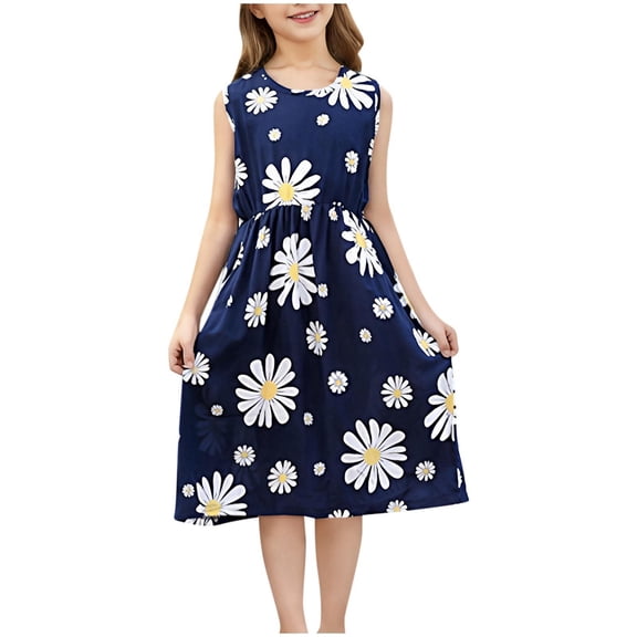 Tranfacy Dress for Toddler Girls Summer Print Sleeveless Round Neck Waist Cinched Rayon for 2‑11 Years