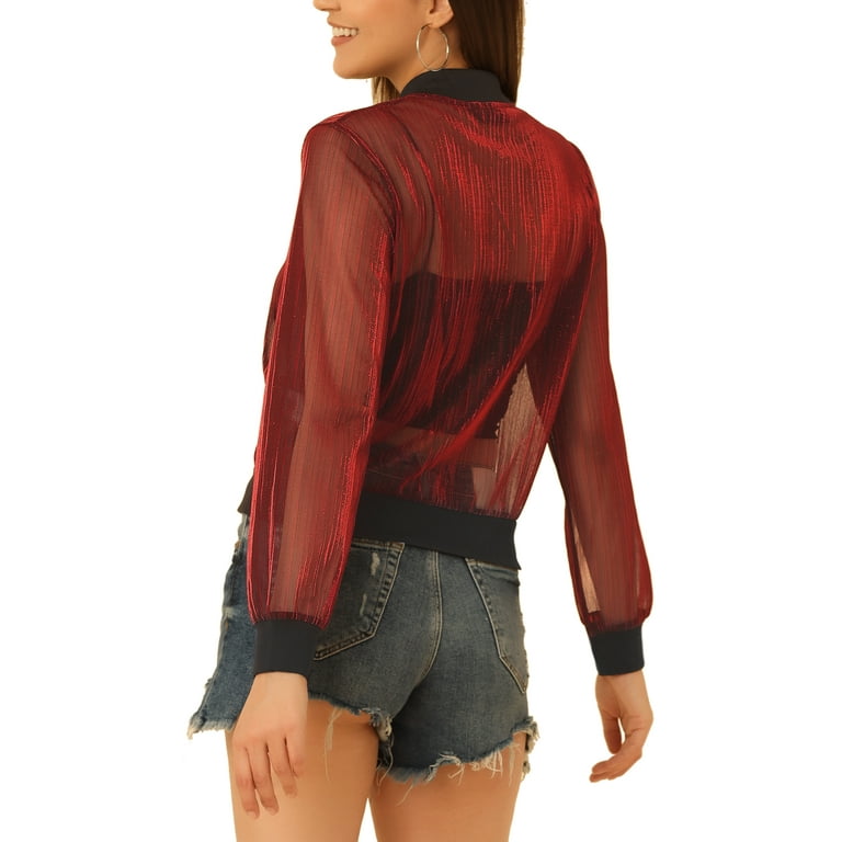 INSPIRE CHIC Bomber Jacket for Women's Sheer Mesh Glitter