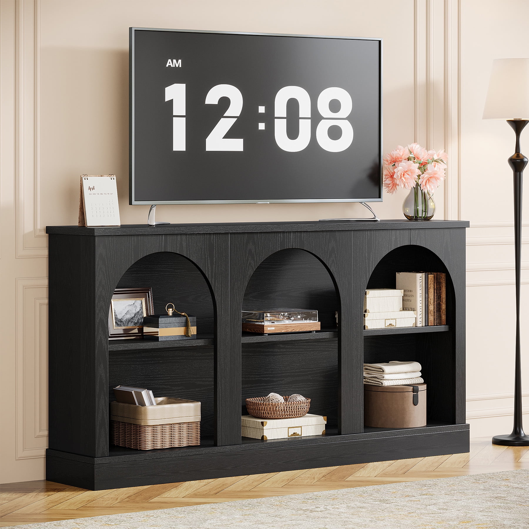 Tribesigns Farmhouse TV Stand for 55/60/65 Inch TVs, Entertainment Center with Storage Cabinets, Black