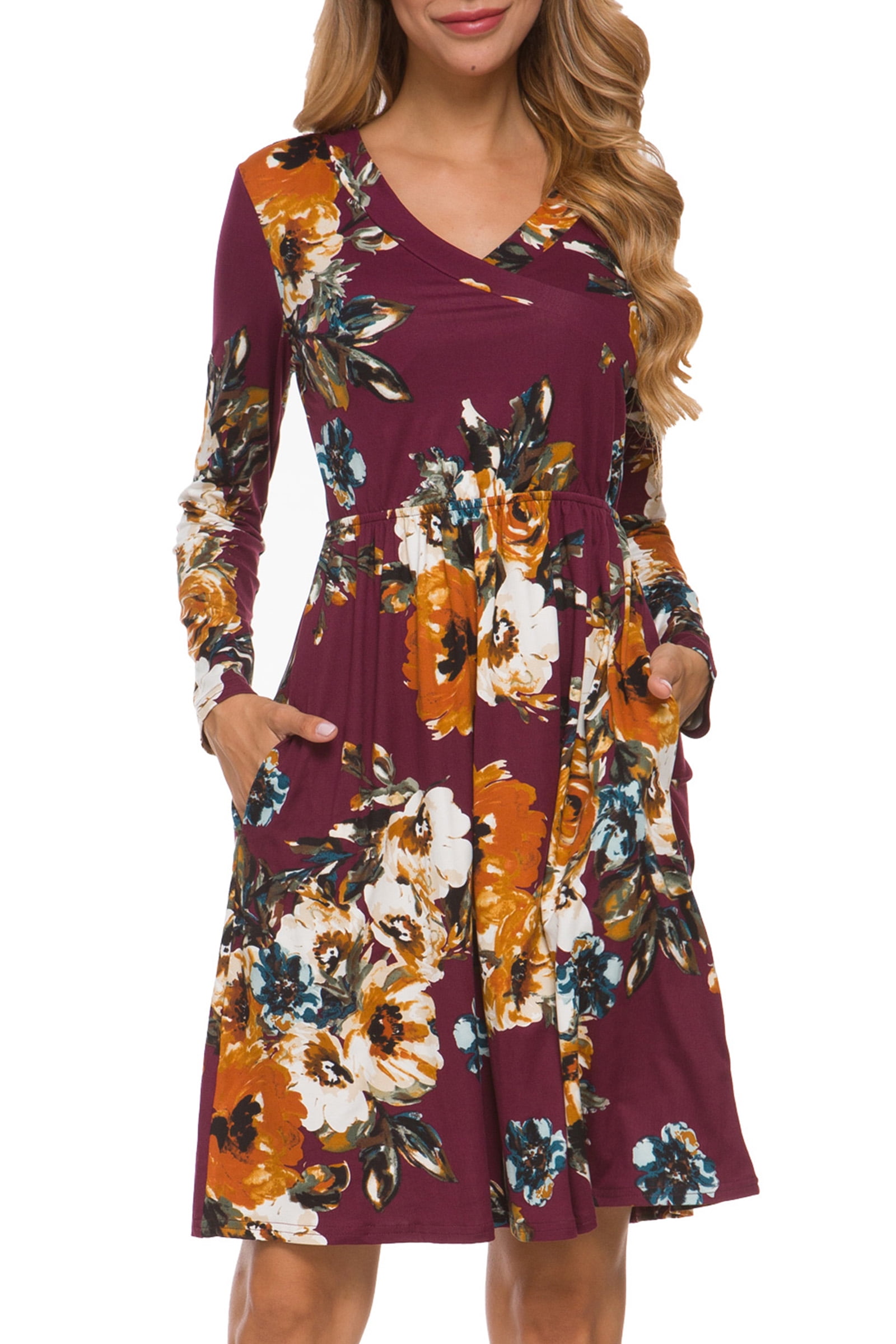 Red Beige Maple Leaf Design Casual One Piece Dress Knee Length for Women main image 0