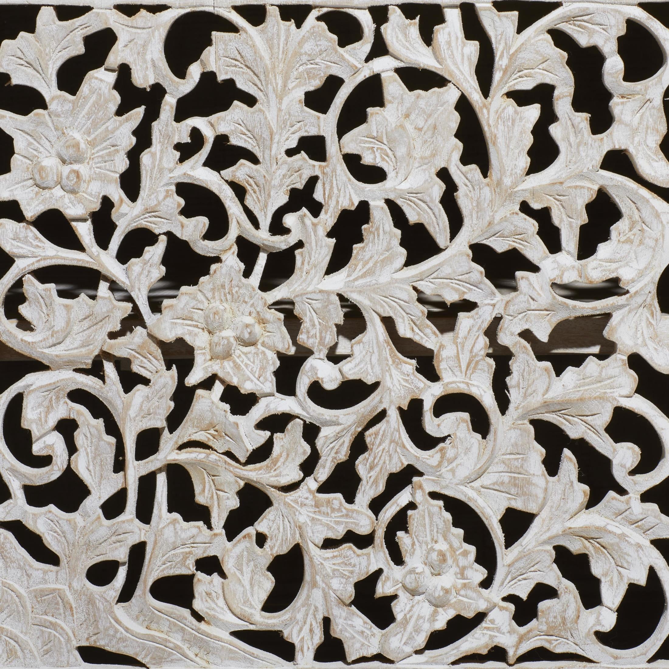 DecMode 39" x 32" White Wood Intricately Carved 2 Door and 2 Drawer Floral Cabinet, 1-Piece