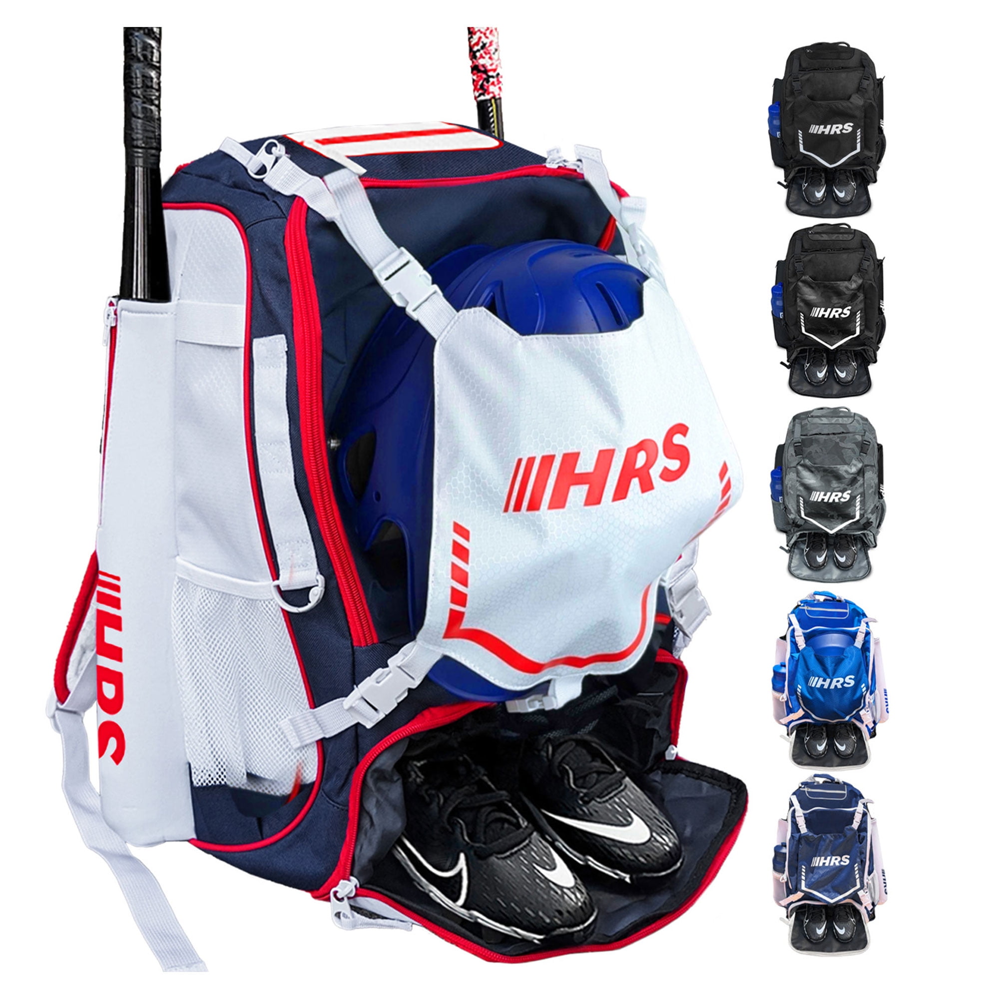 Hit Run Steal Bat Bag Backpack Holds 4 Bats, Glove & Helmet, Red/White/Blue