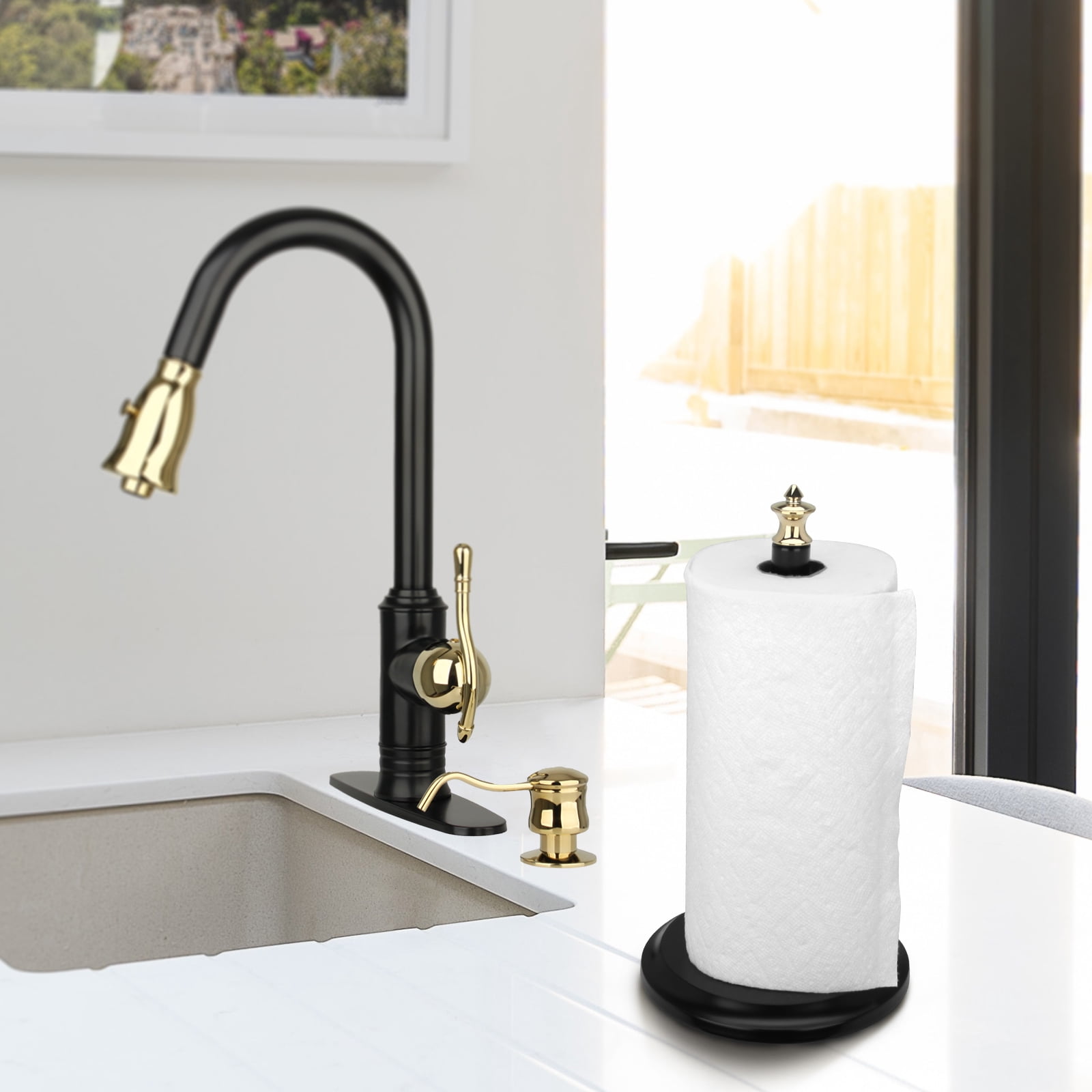 Akicon Paper Towel Holder Stand for Kitchen Countertop & Dining Room Table (Black Gold, Classical)