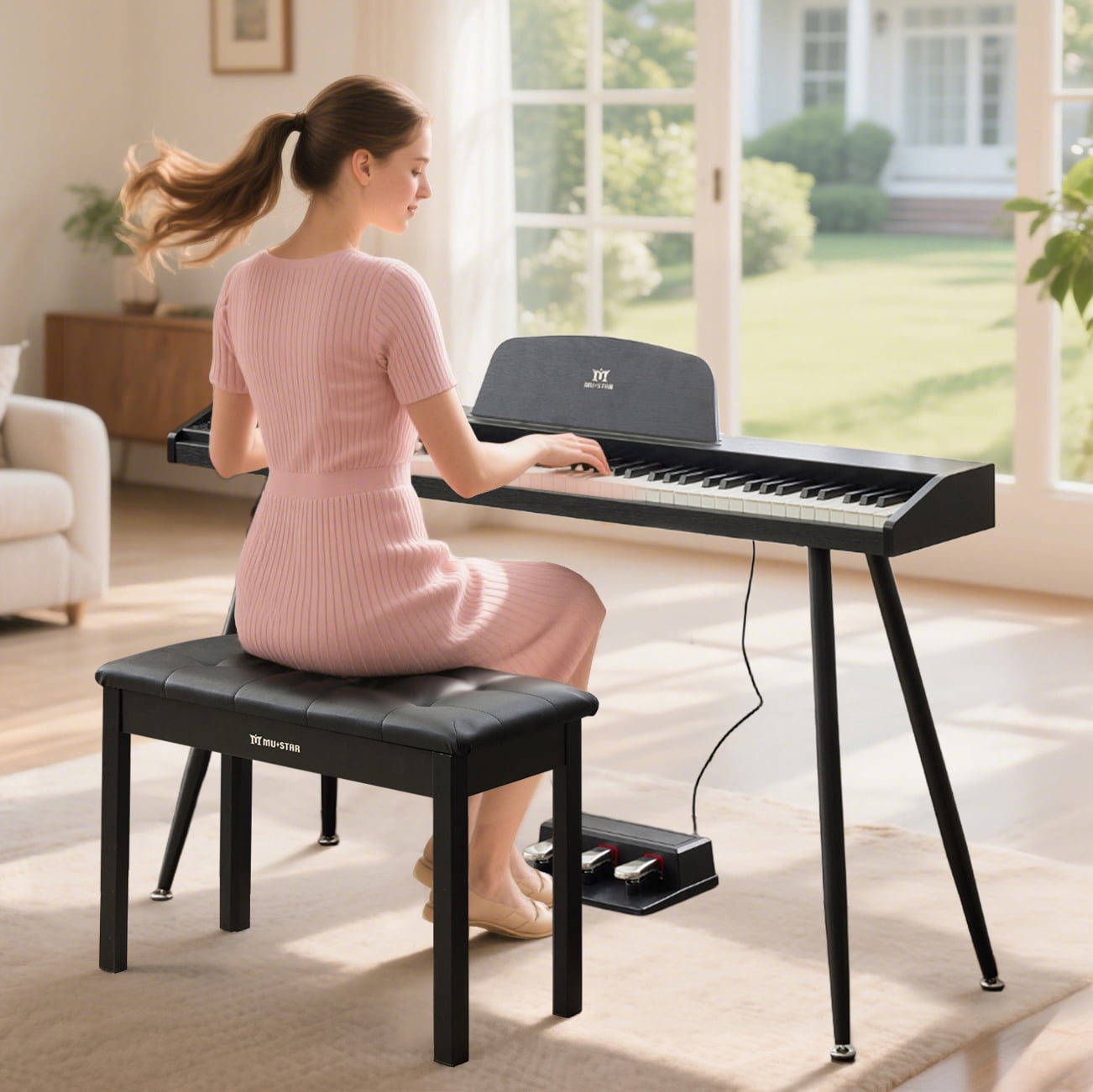 Black 88Keys Semi Weighted Electric Digital Piano w/3-Pedal,USB/MIDI,Storage Bench