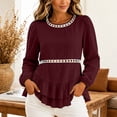 thumbnail image 2 of Gamivast Peplum Blouses for Women Plus Size Long Puff Sleeve Casual Tops Eyelet Lace Trim Shirts Crewneck Ruffle Hem Tunic Top Wine XXXL, 2 of 7