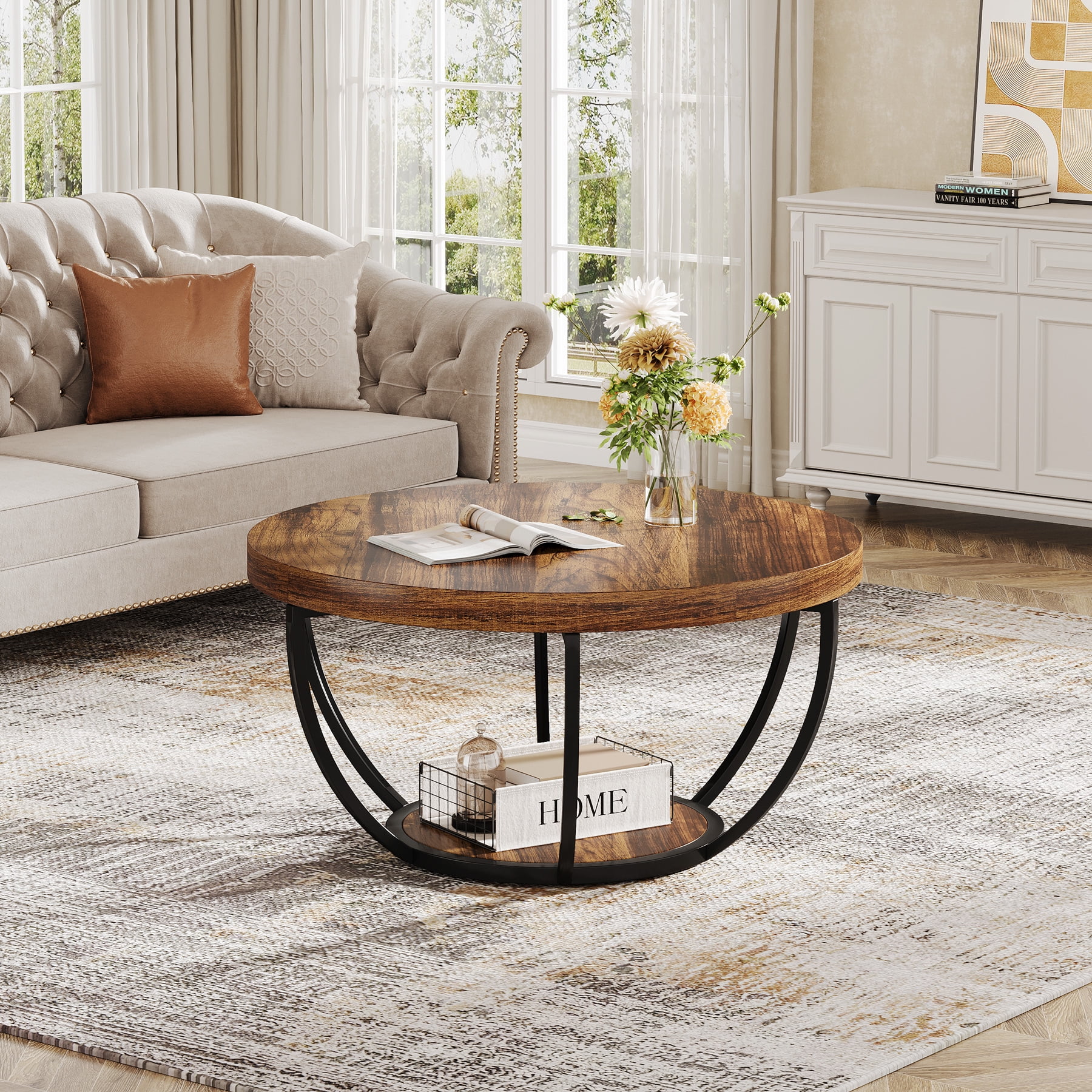 Fnova Coffee Table with 2 - Tier Storage, 32" Round Wood Coffee Table with Metal Legs, Modern Rustic Style Center Table for Living Room, Dark Brown and Black