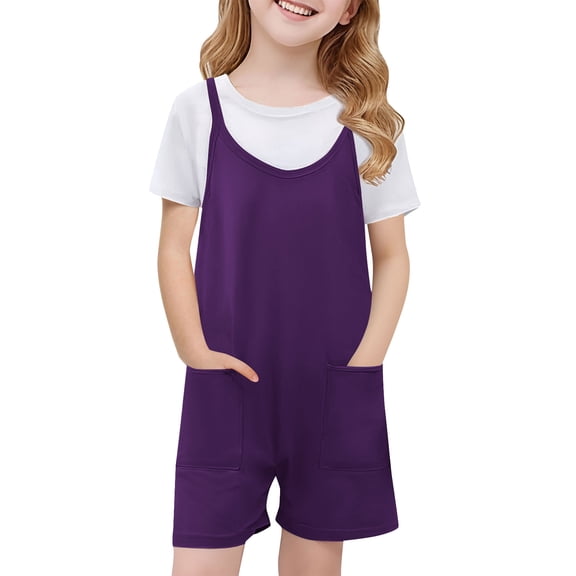 CQONEPT Jumpsuit Romper for Girls Summer Fashion Shorts with Pockets Trendy Cute Bib Overall Sleeveless Spaghetti Purple 11 Years