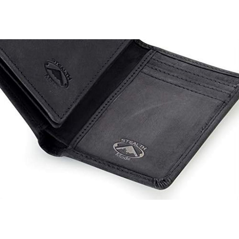 Stealth Mode Trifold Leather Wallet for Men with ID Holder and RFID Blocking (Black)