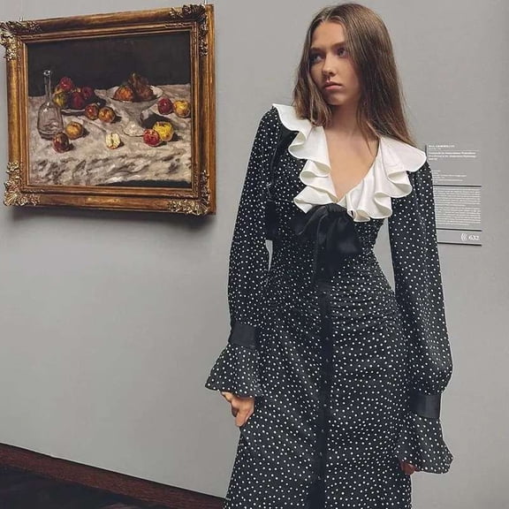 Black Polka Dot Dress with Ruffled Collar (S, Black)