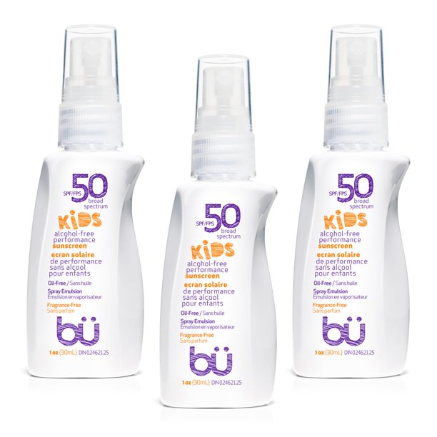 bu SPF 50 Protector solar en aerosol - Nature's Sun Block. Biodegradable. Resistente al agua. Aprobado por la TSA. Vegano. Sin alcohol ni crueldad | Niños sin fragancia - 1 oz (paquete de 3)