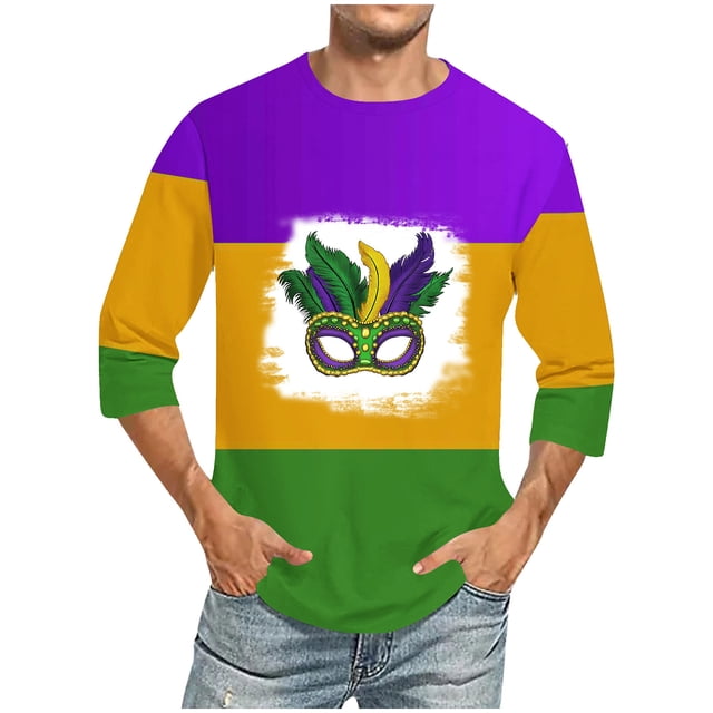 TIMIFIS 3/4 Chemise à Manches Homme Mardi Gras T-Shirt Col Rond Décontracté Ample Imprimés Carnaval Fête Vacances