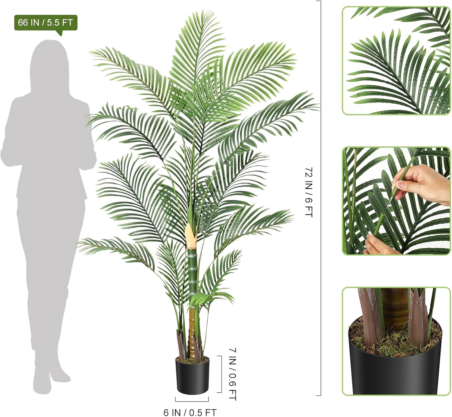 6ft Golden Cane Palm Artificial Tree, Large Tropical Palm Tree, PE Material & UV Resistant Fake Plant in Pot for Indoor Outdoor Home Decor Office House Living Room