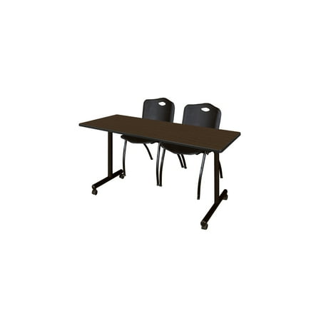 Regency Kobe 60 x 24 in. Mobile T-Base Training Table- Neo Walnut 2 M Stack Chairs- Black