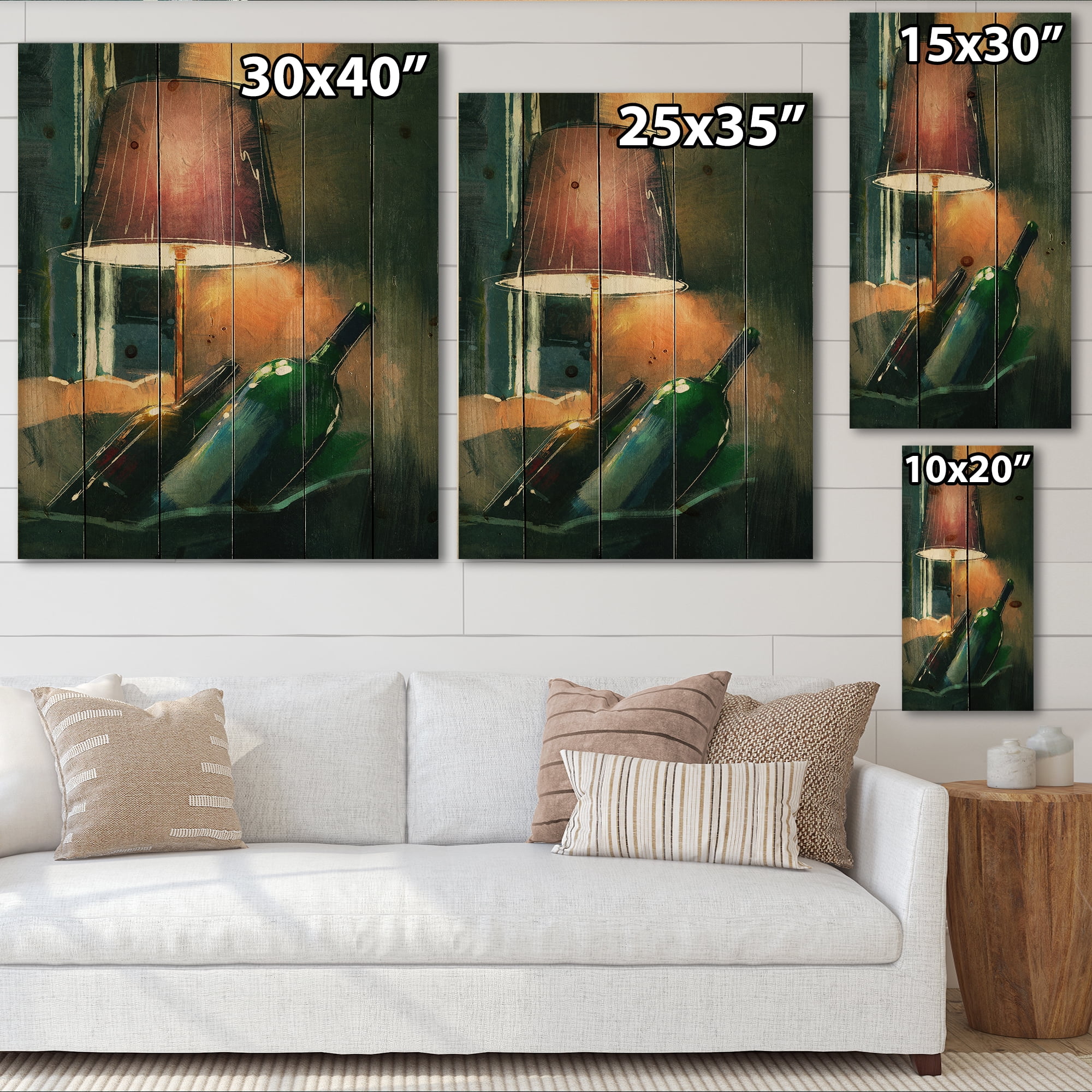 Designart 'Lamp Glowing Orange In The Night and Wine Bottles' Modern Print on Natural Pine Wood