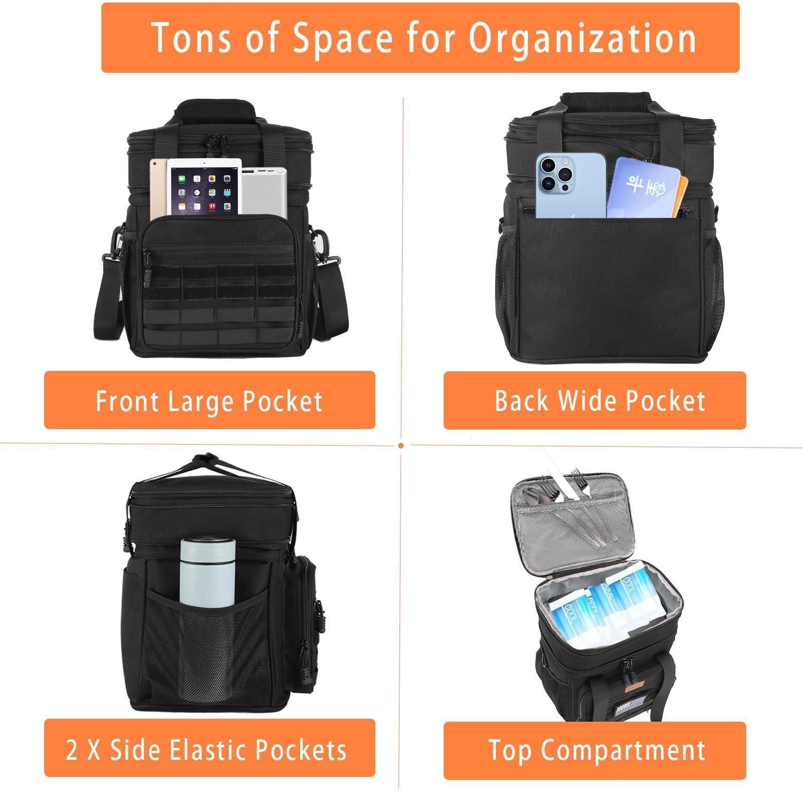 Insulated Lunch Bag Box - Expandable Large Cooler For Men Versatile Lunchbox Adults Work Shifts Outdoor Trips Black 16l