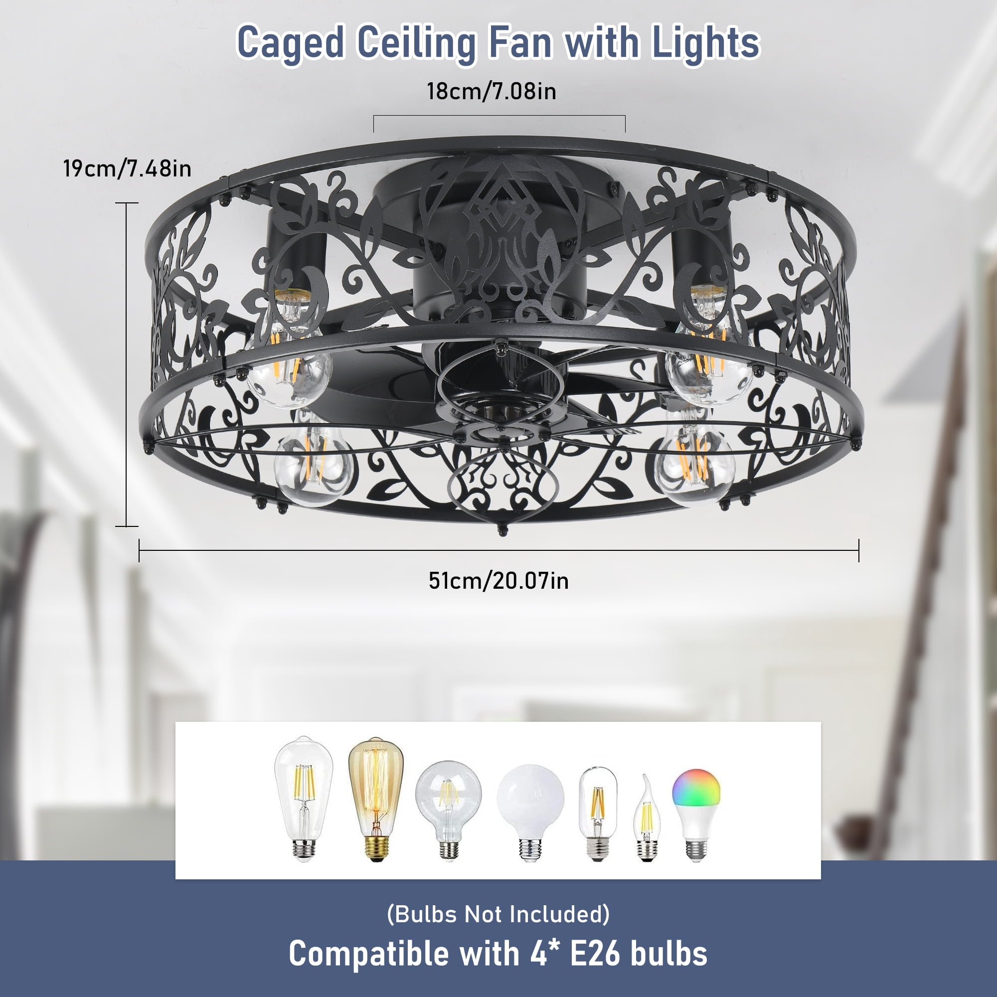 Garwarm 20in. Black Caged Farmhouse Ceiling Fan with Lights and Remote, 6-Speed Reversible Low Profile Flush Mount Ceiling Fan, Industrial Enclosed Fandelier for Bedroom, Kitchen