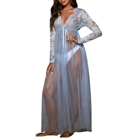 

Women Lace Floral Nightdress Lingerie Long Dressing Gown Mesh See Through Robes