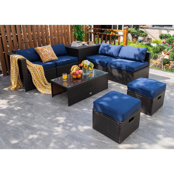 Costway 8PCS Patio Rattan Furniture Set Space-Saving Storage Cushion Navy cover