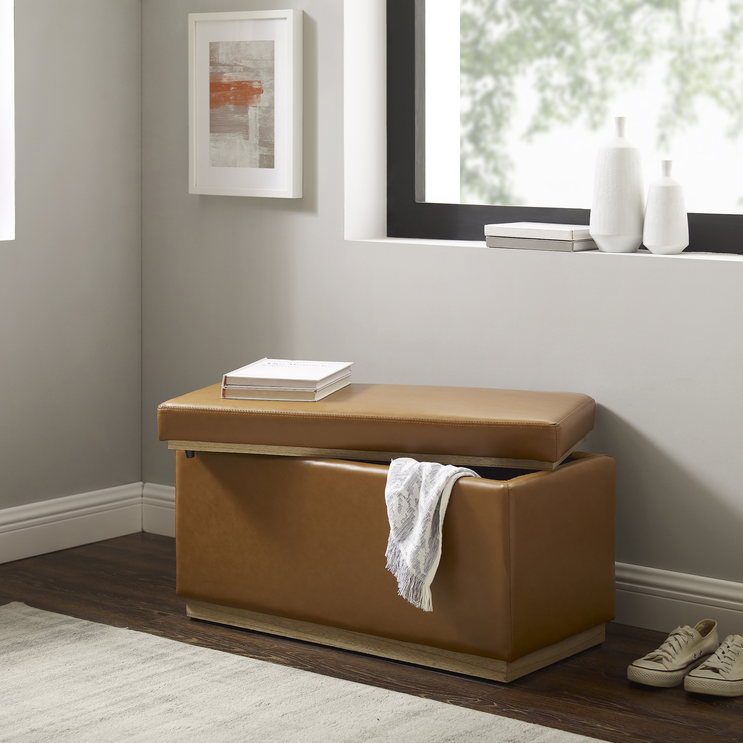 Linon Elta Rectangle Storage Ottoman, Caramel Faux Leather