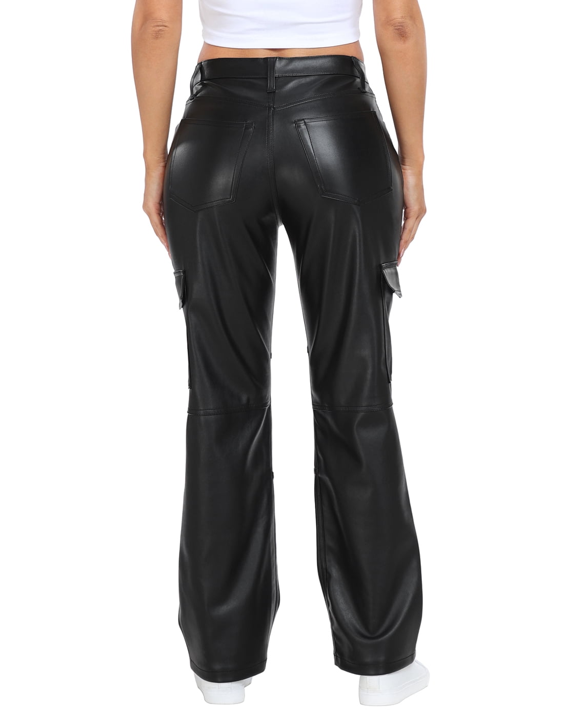 HDE Women's High Waisted Faux Leather Cargo Pants with Pockets Black 31