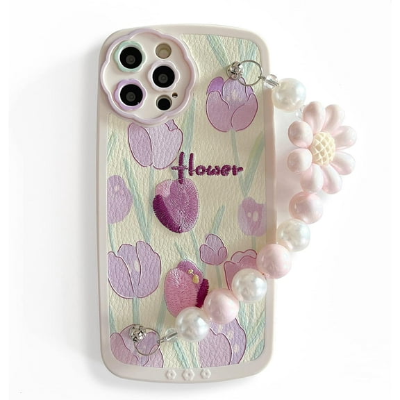 Compatible with iPhone 13 Pro Chain Case Flower Bracelet Embroidery Floral Wrist Strap Unique Cute Protection Shockproof Protective Cover for Girls Women