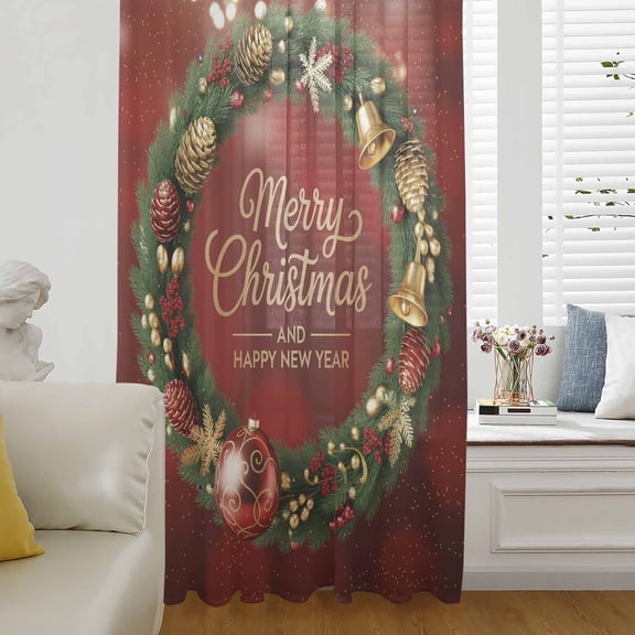 Red Christmas Semi Sheer Curtains Drapes for Living Room, Bedroom, French Doors Window 96 Inches Long, Winter Xmas Pine Branches Cone Balls Rod Pocket Chiffon Curtain Drapery Voile Draperies Panel