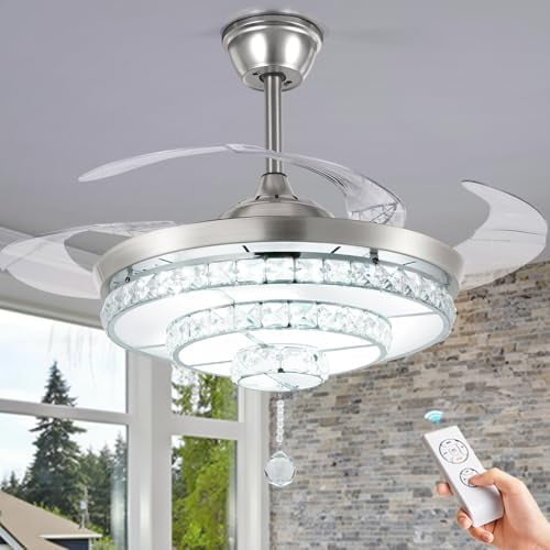 Crystal Ceiling Fan with Light and Remote,Chandelier Fan with 4 Retractable Blades,3 Light Change LED Indoor Ceiling Fans for Bedroom Living Room 36W 42 inch (Sliver)$$Tools & Hardware Other