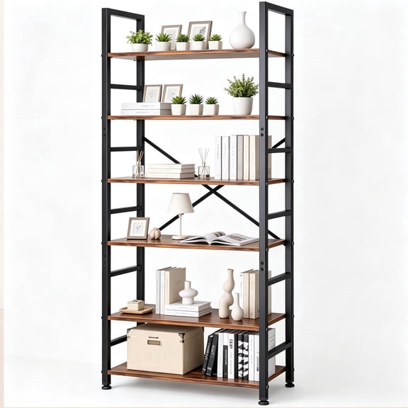 Nnovaroom 6 Tier Bookshelf, Industrial Tall Narrow Bookcase with Metal Frame, Open Shelves,Living Room, Home Office, Rustic Brown