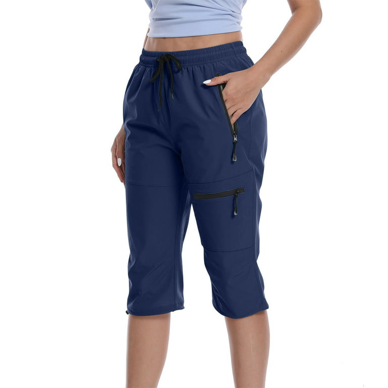 Sweatpants for Women Knee Length Capri Jogger Pants with Zipper Pockets  Drawstring Loose Casual Workout Sportwear (Large, Blue)