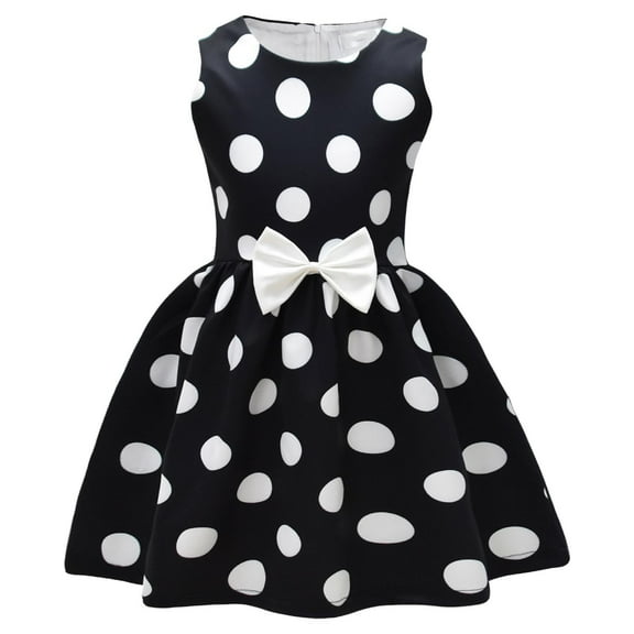 Ugoldhm Girls' Polka Dots Sleeveless A-Line Summer Dress - Bow Pleated Crew Neck Casual Sundress, 2-13Y
