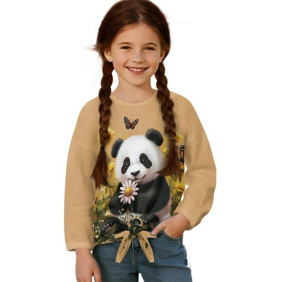 Xixirimido Panda Butterfly Sunflower Daisy Print Girls Casual T-Shirt Crew Neck Tunic Tops Long Sleeve Loose Fit Soft Blouse Tie-hem Tees for Fall Winter, Size 5-6