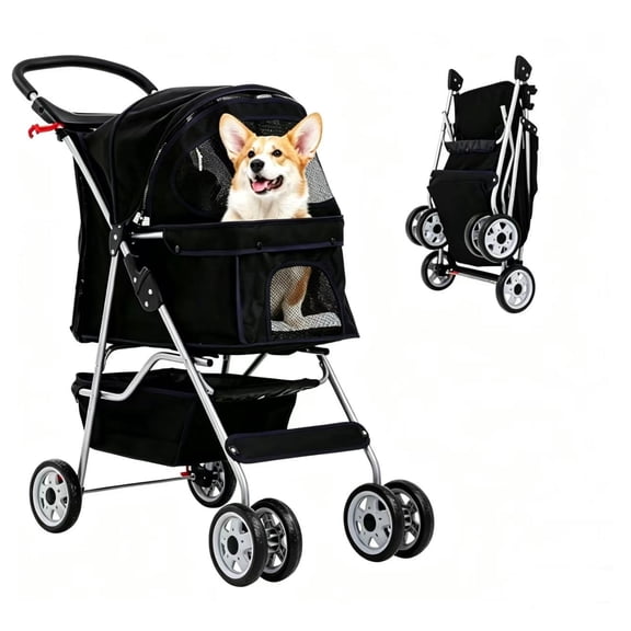 XF XINFENG Pet Stroller, 4 Wheel Foldable Dog Cat Stroller for Small Medium Dogs & Cats, 33 lbs Capacity Jogger Stroller with Cup Holder & Storage Basket, Black
