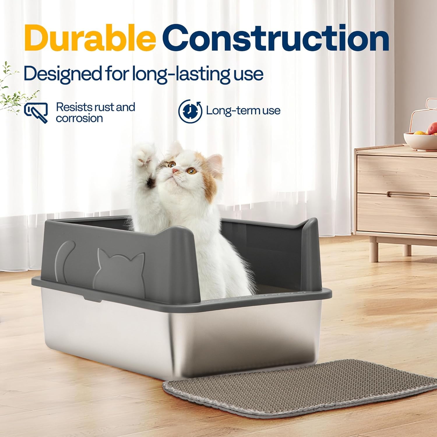 SPECSTAR Extra Large Stainless Steel Cat Litter Box, 23.6"x15.7" with Double Layer Litter Mat and Scoop, Dark Gray