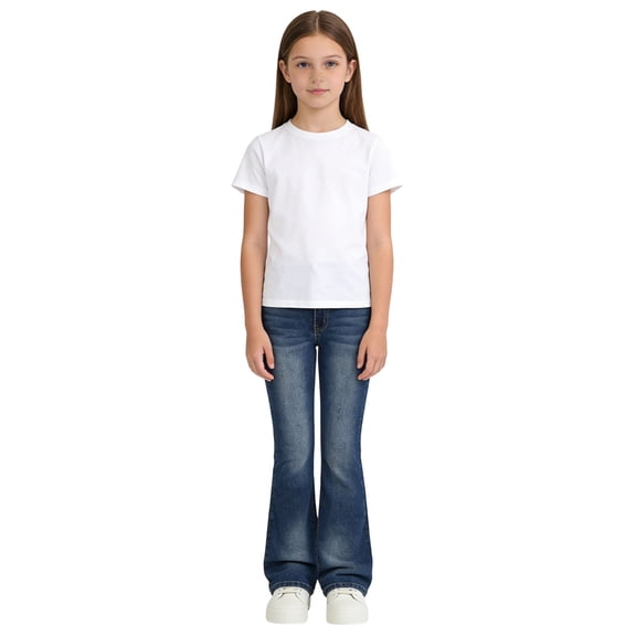 OOOUM Girls Flared Pants Elastic Waist Skinny Denim Trousers Fashionable And Streetwear Long Jeans For Kids Blue 6-7 Years