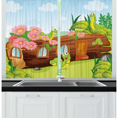 Kids Curtains 2 Panels Set Cute Friendly Smiling Worms In Wooden