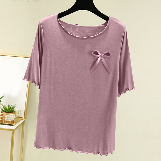 Pijama de manga corta para mujer, cuello redondo, color liso, informal, fino, interior, para el hogar, de poliéster