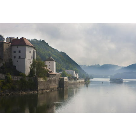 Cruise Ship Passing on the River Danube in the Early Morning Mist, Passau, Bavaria, Germany, Europe Print Wall Art By Michael