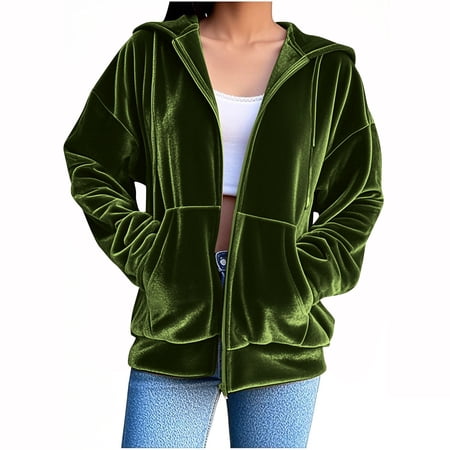 aohooy Womens Velvet Blazer Jacket Long Sleeve Full Zipper Hooded Jackets Soft Warm Outerwear Sweatshirt with Pockets Green S