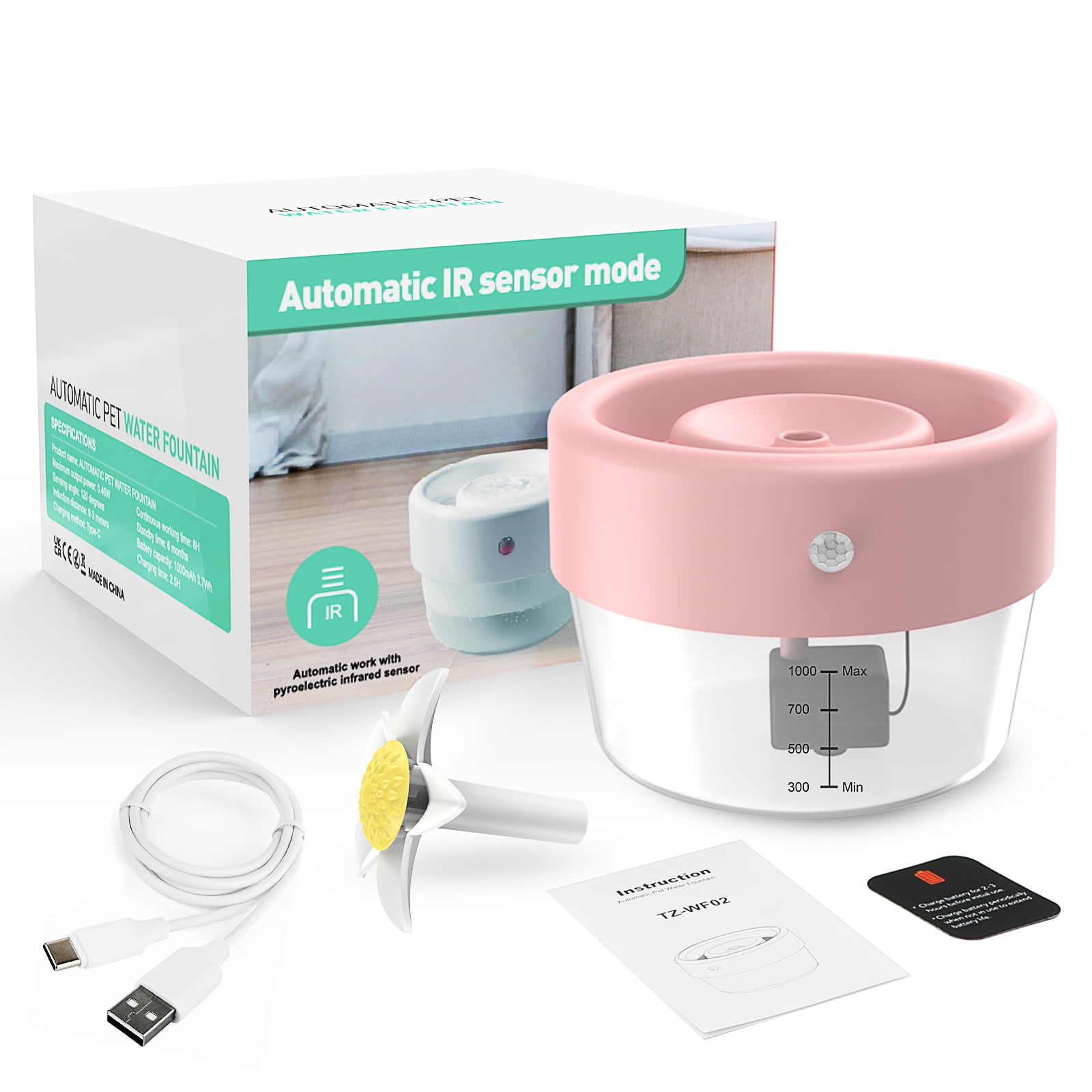 MASBRILL Cat Water Fountain, 1000mAh Battery, 1L Automatic Pet Drinking Fountain, Pink