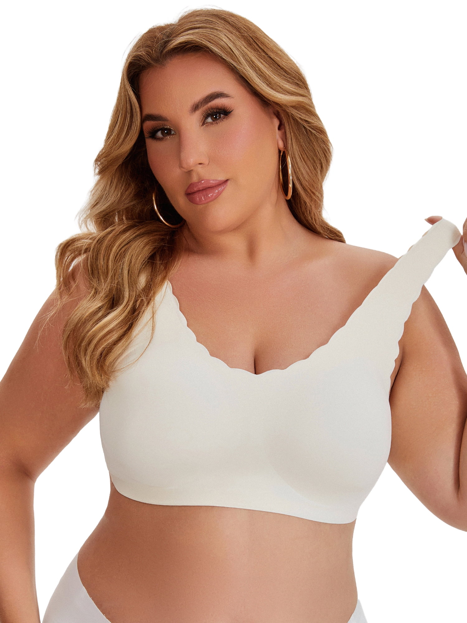 DARING DIVA Women's Plus Size Bras Waved Edge Wireless Push Up Tshirt Bralettes XL White