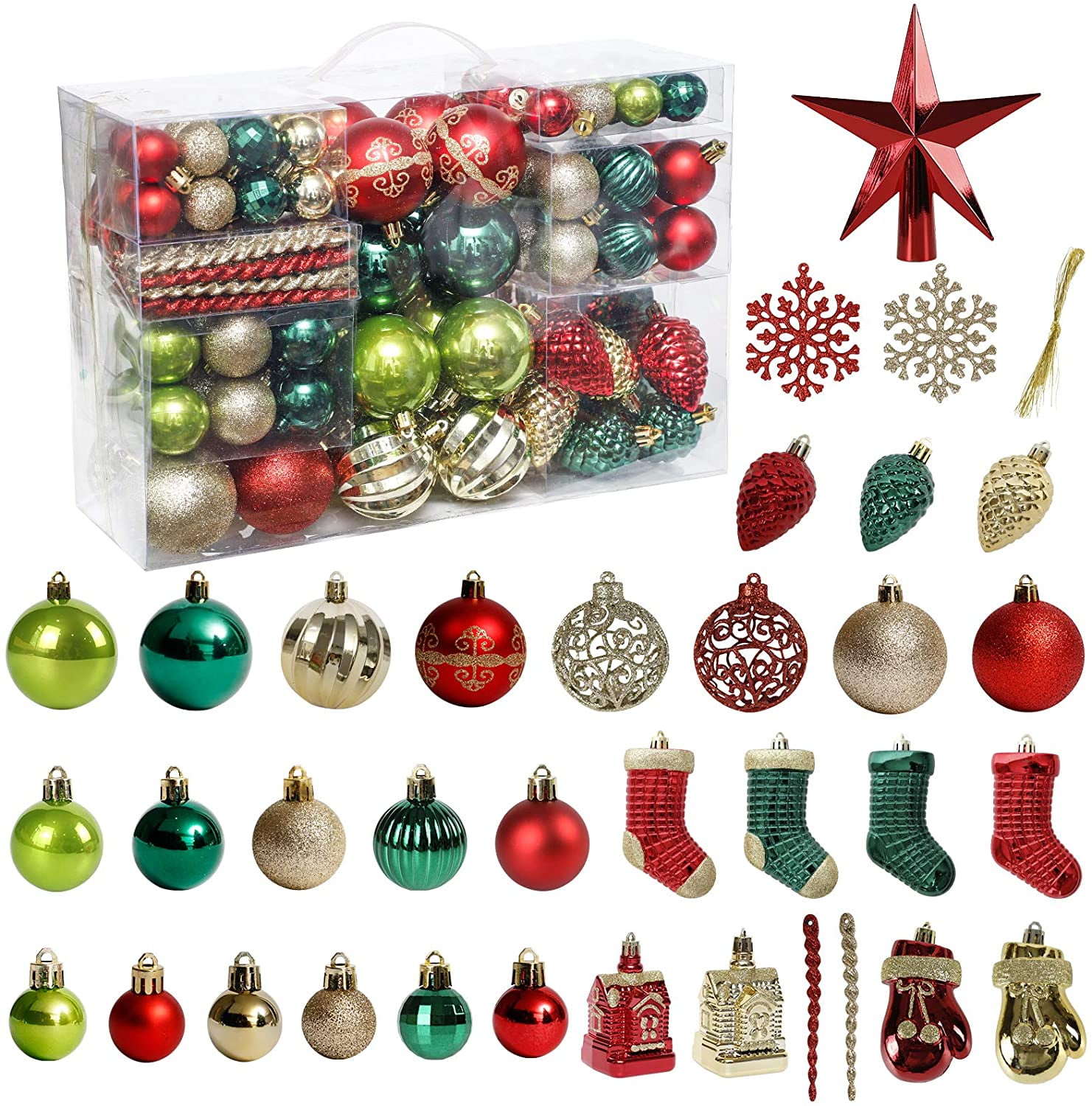 Combo of 8 Ball and Shaped Styles Prextex Red Christmas Ball Ornaments for Christmas Decorations 24 Pieces Xmas Tree Shatterproof Ornaments with Hanging Loop for Holiday and Party Decoration