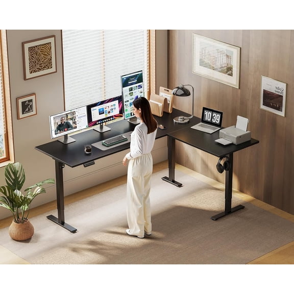 63 Inch Reversible L Shaped Electric Standing Desk, Height Adjustable Corner Stand Desk, Ergonomic Large Lift Computer Table for Home Office Workstation Black