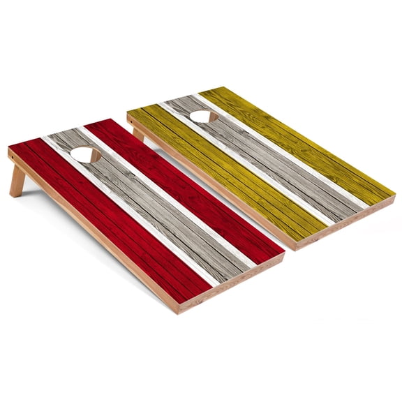 Skip's Garage | Red and Yellow Striped Cornhole Boards | Includes (2) Boards, (8) Bags & Optional Accessories