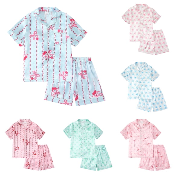 Weebloom Kids Girls Summer Pajamas Satin Pajama Short Sleeve Button Down Tops And Shorts Soft Silk Kids Sleepwear Nightwear Pjs Loungewear Light Blue 7-8Years